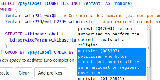 Fenêtre du point d'accès Sparql de Wikidata avec un menu d'autocomplétion sur le mot clef wd:minister