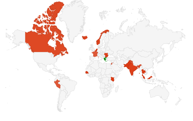 Carte montrant une douzaine de pays en rouge et un en vert : la Grèce