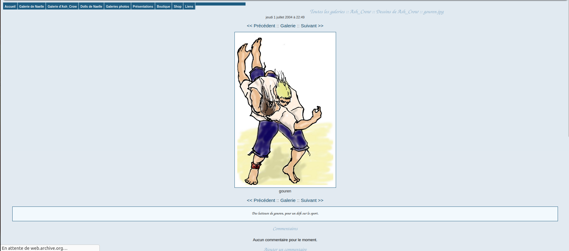 Une page au fond bleu ciel avec un dessin représentant deux lutteurs de gouren.
