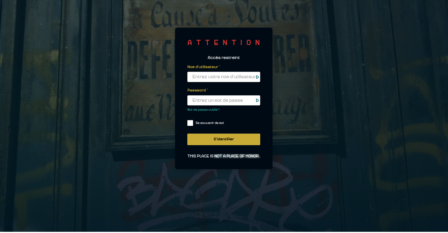Site login page, with the form on a black background and primary colors, paired with a futuristic font, giving the layout a cyberpunk feel. At the bottom, in lieu of the Wagtail logo, an excerpt of scrolling text reads "THIS IS NOT A PLACE OF HONOR". In the background is a photo of an old sign saying "Because of the archways, cargo cars forbidden" with a tag saying "bagare" underneath. The picture is darkened and interlaced with dark lines.