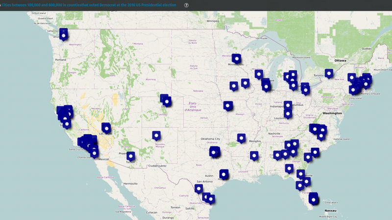 Carte des États-Unis avec des pointeurs aux endroits ciblés.