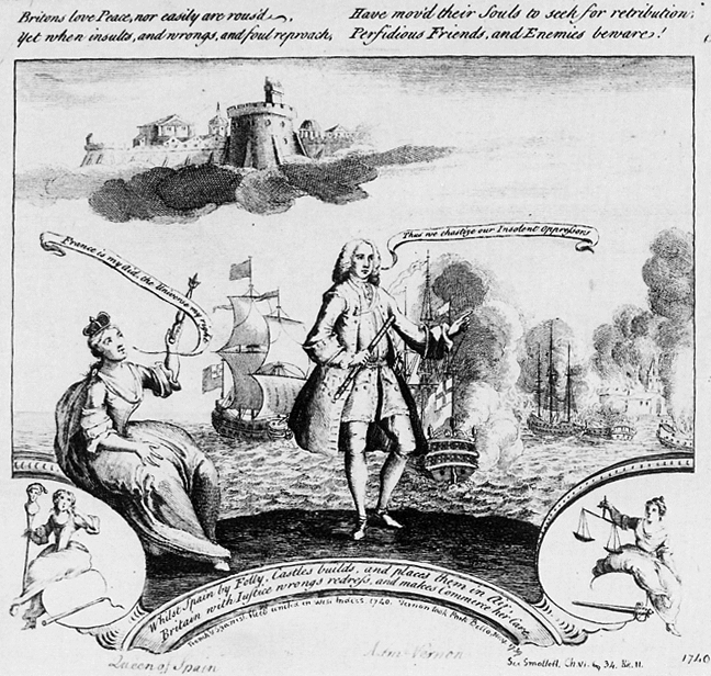 Gravure ancienne légendée « Spain builds castles in the air, Britain makes commerce her care in the War of Jenkins' Ear »