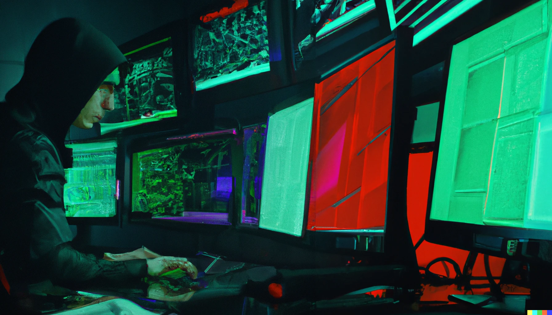 Image générée via Dall-E: &quot;A cyberpunk netrunner looking at multiple monitors with terminals, digital art&quot; - DP
