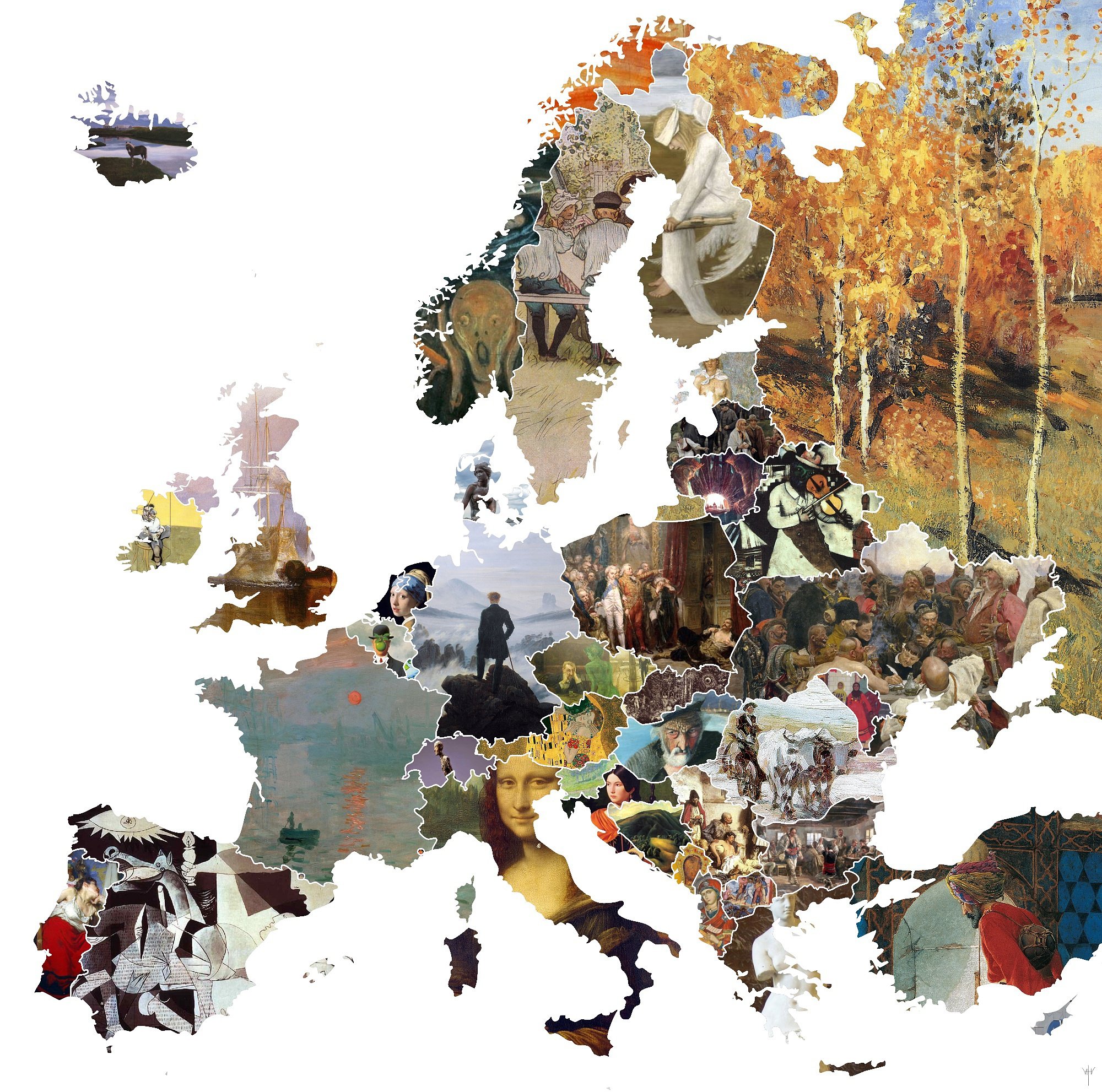 Carte d'Europe où chaque pays est représenté par une œuvre occupant la forme du pays en question