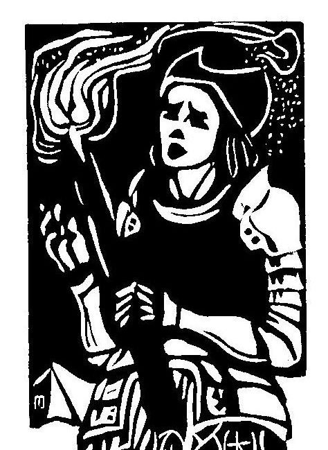gravure sur bois représentant une femme en armure tant une torche