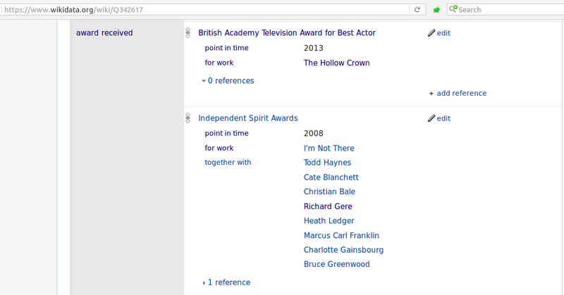 Screenshot of Wikidata showing awards received by Ben Whishaw